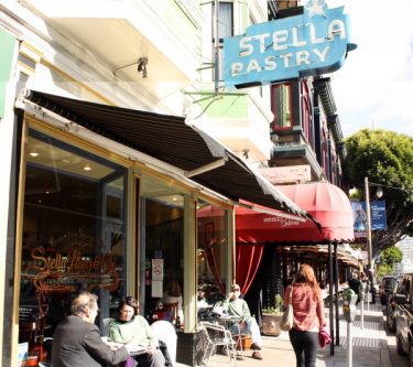 california, san francisco, north beach, stella pastry and cafe, retro sign, cafe tables, columbus ave, street, pastry shop, cafe