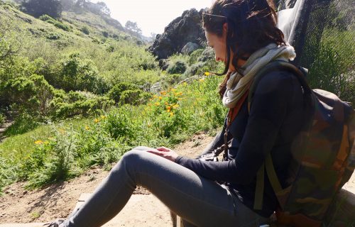 sitting in glen park canyon during poppy season, san francisco, california