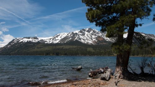 Fallen Leaf Lake in the spring, with snowcapped mountains -- South Lake Tahoe, California