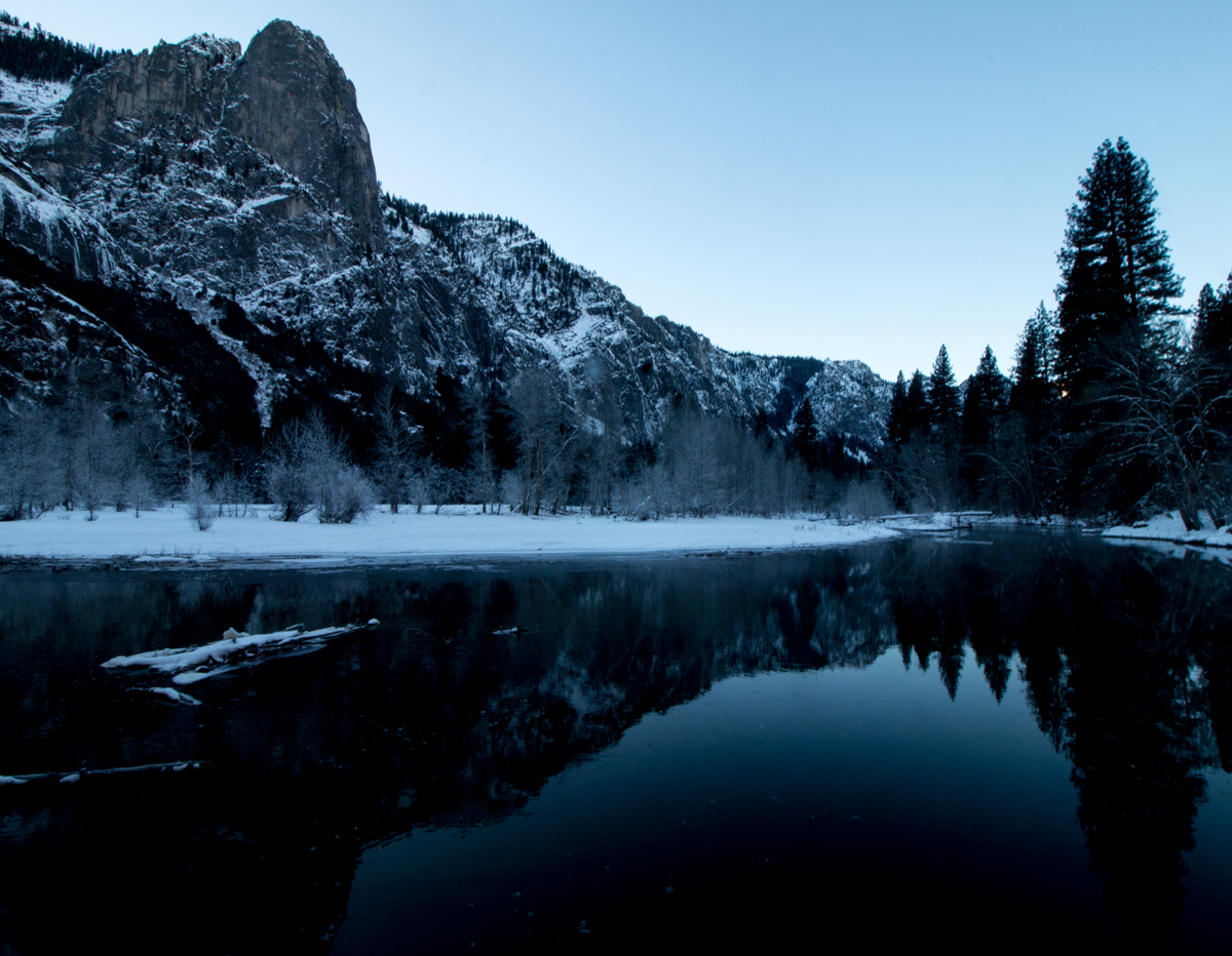 early winter morning photo of merced river and snow, yosemite national park -- california